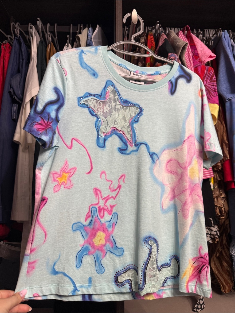 Desigual Light Blue Short Sleeve Tee with Pink and Blue Starfish Motifs